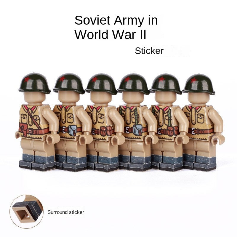 WWII Soviet Army Soldier Minifigure Pack Equipped with Helmet & Stickers | 1 Set