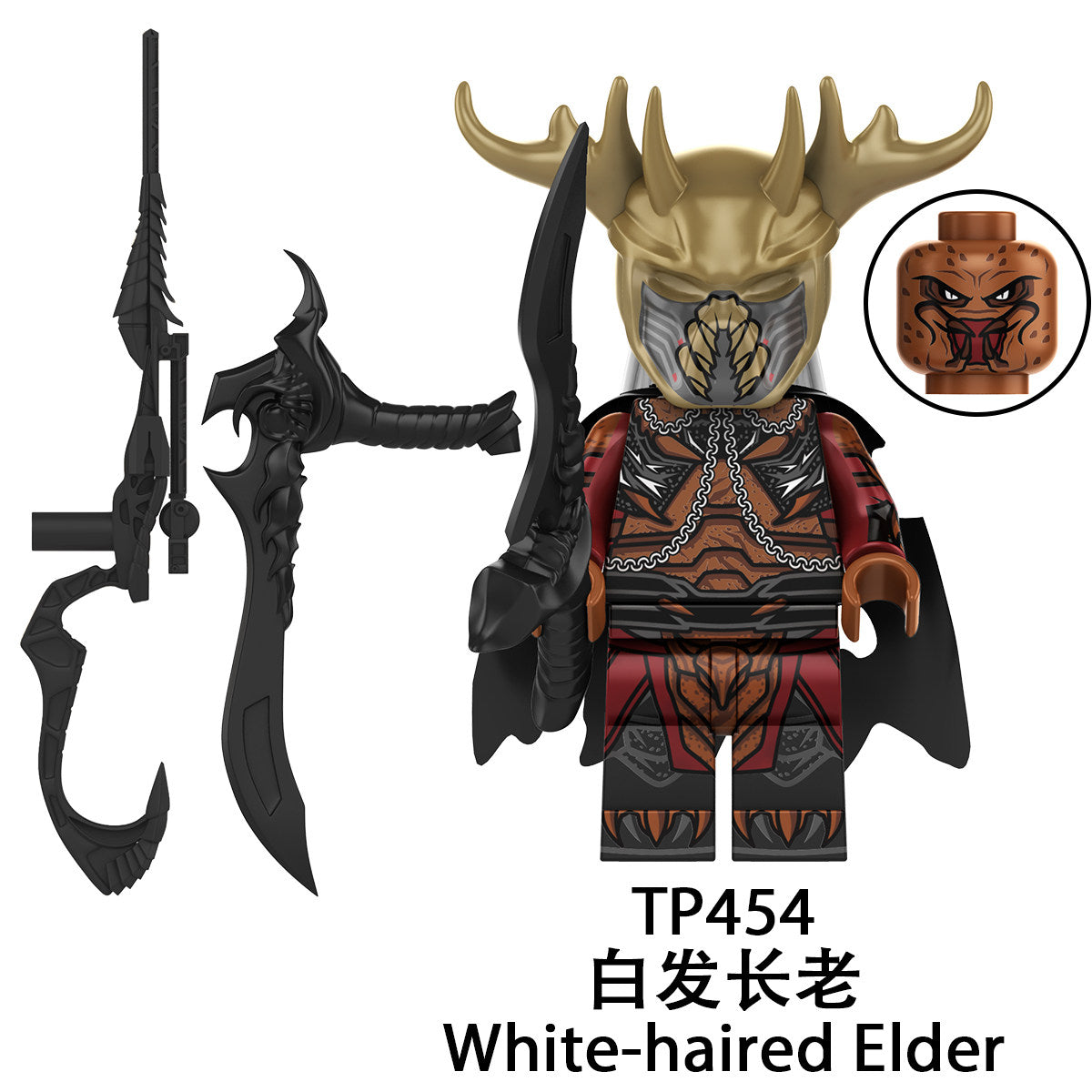 TP454 White - haired Elder custom minifigures: Wearing antler - like headgear, dressed in red and black combat - style clothes