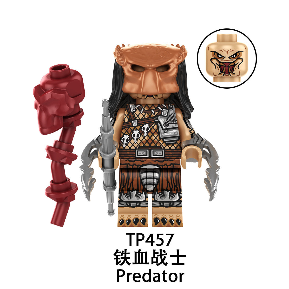 TP457 Predator custom minifigures: Predator - like face, wearing brown combat - style clothes, with red weapons as accessories